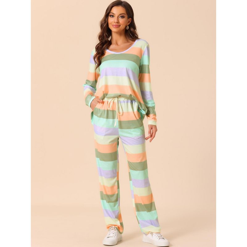 cheibear Women's Cotton Rainbow-Stripe Long Sleeves Lounge with Pants Pajama Set, 2 of 7