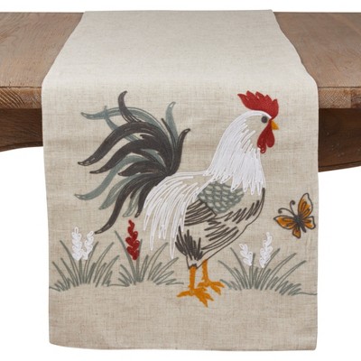 Saro Lifestyle Embroidered Rooster Long Table Runner, 16"x70", Natural