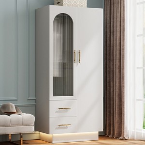 Bedroom Armoire Wardrobe Closet with Door & 2 Drawers, 71" Wood Wardrobe Storage Cabinet with LED, Hanging Rod, Freestanding Modern Armoire Closet - 1 of 4