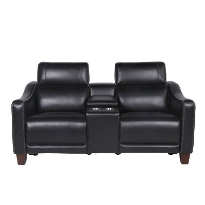 Black Faux Leather Power Reclining Loveseat with Storage and Cup Holder