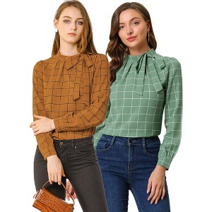 INSPIRE CHIC Women's Bow Tie Neck Keyhole Back Grid Checks Office Work Blouses 2 Packs - 1 of 4