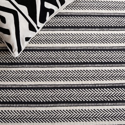 Ivory and Black Flatweave Cotton Striped 6' Square Rug