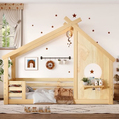 Hrinhom Twin Size House Floor Bed,Solid Wood House Bed