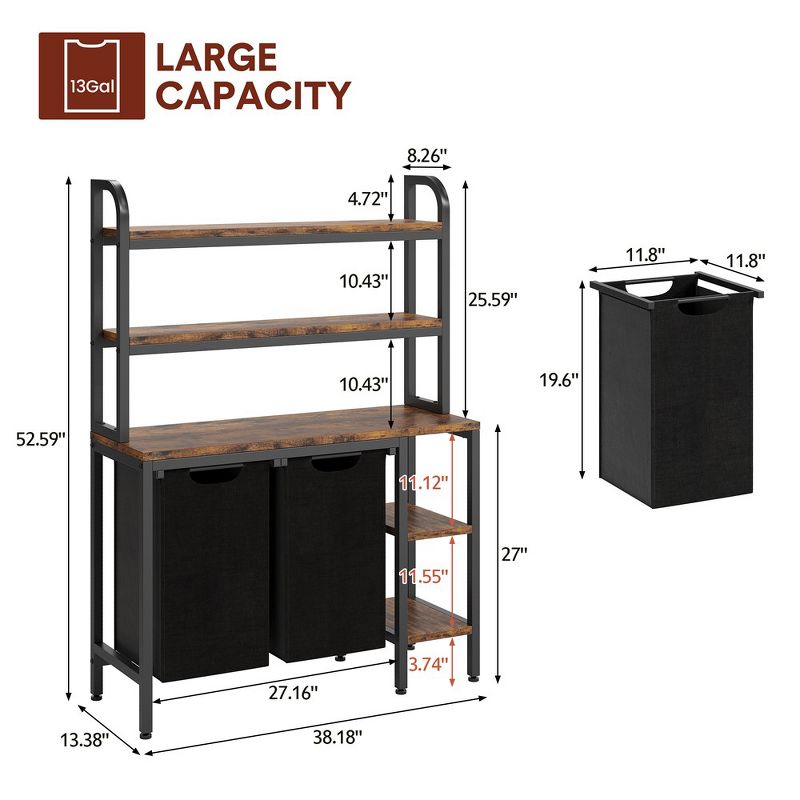 Laundry Basket,Laundry Hamper 2 Section with Side Shelves,3 Tiers Laundry Sorter with 2 Pull-Out and Removable Laundry Bags,Black & Rustic Brown, 2 of 10