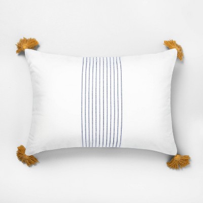 14" x 20" Center Stripes Tassel Throw Pillow Sour Cream/Blue - Hearth & Hand™ with Magnolia