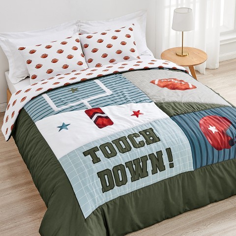 Sweet Jojo Designs Boy Full/Queen Comforter Bedding Set Football Green Brown and Red 3pc