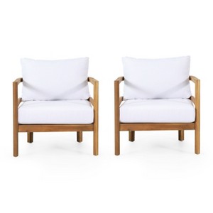 Christopher Knight Home Ellendale Outdoor Acacia Wood Club Chair with Cushions (Set of 2), Teak/White - 1 of 4