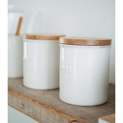 White Ceramic Salt Canister with Wooden Lid