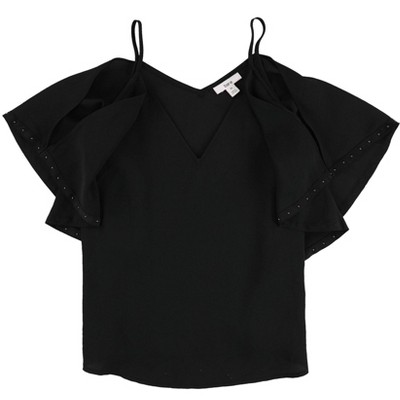 bar III Womens Studded Flounce Cold Shoulder Blouse, Black, XX-Small