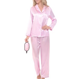 ADR Women's Satin Pajamas Set, Button Down Long Sleeve Top and Pants with Pockets, Silk like PJs with Matching Sleep Mask - 1 of 4