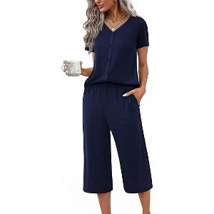 Ekouaer Women's Pajama Sets Short Sleeve Sleepwear Button Up Pj Loungewear Top and Capri Pants with Pockets - 1 of 4