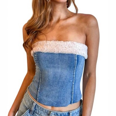 Women's faux-shearling Denim Top - OLIVACEOUS