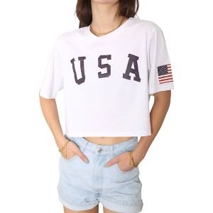 Anna-Kaci Women's Letter Print Crop Top Short Sleeve July 4th USA Flag T-Shirt - 1 of 4