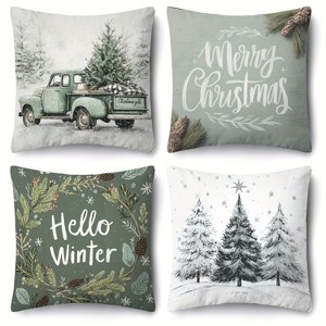 Lomsoe 4pcs Christmas Themed Pillow Covers with Vintage Truck, "Merry Christmas" and "Hello Winter" Designs, Snowy Tree Patterns, Machine Washable - 1 of 4