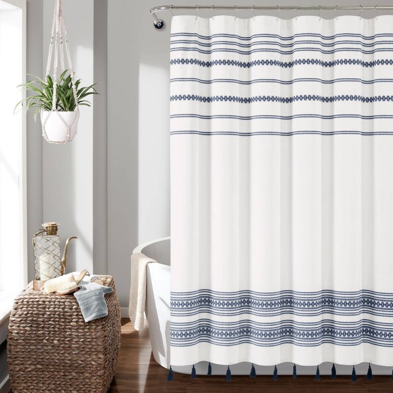 72&#34;x72&#34; Breezy Chic Tassel Jacquard Eco-Friendly Recycled Cotton Shower Curtain Navy - Lush D&#233;cor, 1 of 6