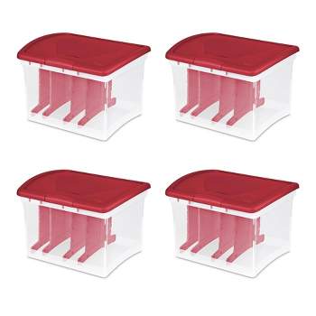 Sterilite 1427 Stack & Carry 2 Layer 24 Ornament Storage Box, Red Lid and Handle, See-Through Layers