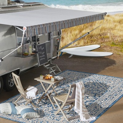 Gray and Navy Synthetic Medallion Flat Woven Reversible Rug