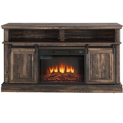 Vynxaria 58" Antique Brown TV Center with 23" Fireplace and Sliding Doors