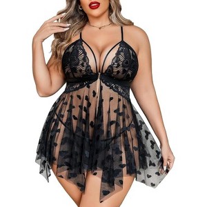 Avidlove Plus Size Lingerie Lace Babydoll Womens Teddy Chemise V Neck Nighty Mesh Sleepwear Front Slit Nightdress - 1 of 4