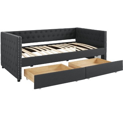 Daybed Frame with 2 Storage Drawers,W/Button & Nailhead Tufted Design,Wood Slats Support,Linen Fabric Bedframe for Living Room Bedroom Apartment