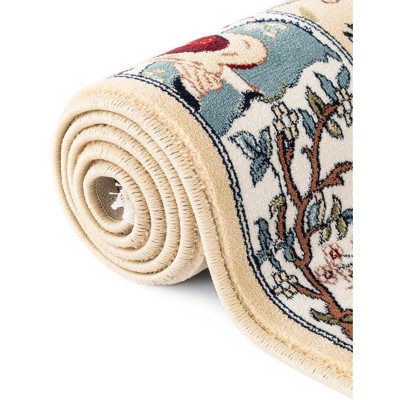 Tan and Blue Synthetic Low Pile Rectangular Area Rug