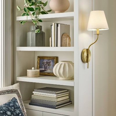 Gold Battery Operated Wall Sconce with White Linen Shade