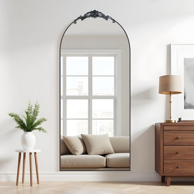 70.2x31.2-Inch Black Full-Length Mirror with Carved Retro Aluminum Alloy Fine Edge Right Angled Arch (With Bracket)
