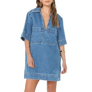 Imily Bela Womens Denim Shirt Dress Collared V Neck Mini Casual Jean Dresses with Pockets - 1 of 4