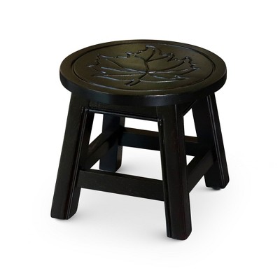 FURNIinspire Ottomans And Benches Carved Wooden Step Stool Fun Designs Premium Rubberwood Versatile Use, Maple Leaf Style, Black, 11.00"*11.00"*10.00"