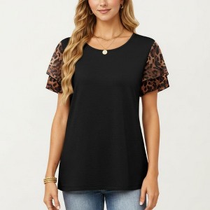 Anna-Kaci Women's Short Sleeve Top with Leopard Print Mesh Sleeves ...