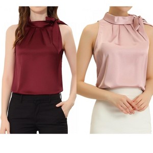 INSPIRE CHIC Women's Elegant Satin Sleeveless Bow Tie Mock Neck Solid Work Blouse 2 Packs - 1 of 4
