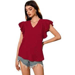Women Tops for Summer Fashion Trendy Cap Sleeve V Neck Swiss Dot Chiffon Blouse Flowy Loose Fitting Teen T-Shirt - 1 of 1