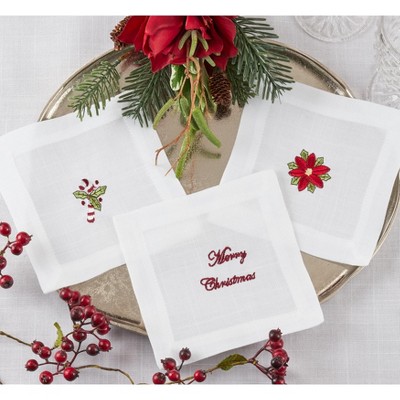 White Embroidered Poinsettia Winter Cocktail Napkins Set of 12