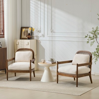 Set of 2 Mid-Century Modern Accent Chairs with Rattan Backrest & Solid Wood Frame,Upholstered Armchairs for Living Room-Baofuwish