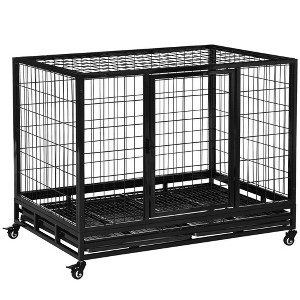 PawHut Heavy Duty Dog Crate, Indestructible Dog Cage Kennel with Removable Tray, Lockable Wheels and Double Door, Black - 1 of 4