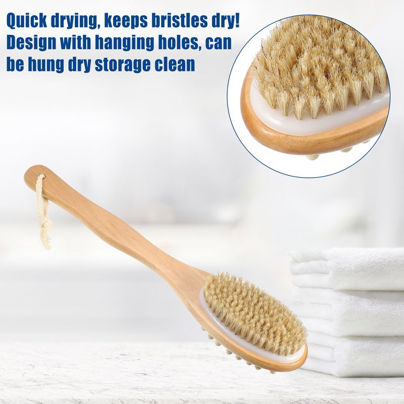 Unique Bargains Double Sided Bath Brush Wood Back Scrubber with Long Handle for Shower 14.6 Inches Brown 1 Pcs, 3 of 7