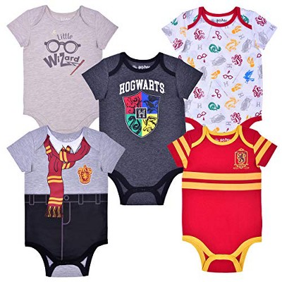 Warner Bros Boy's 5-Pack Harry Potter Baby Bodysuit Creeper Set with Gryffindor Quidditch and Hogwarts Uniforms - Size 12M