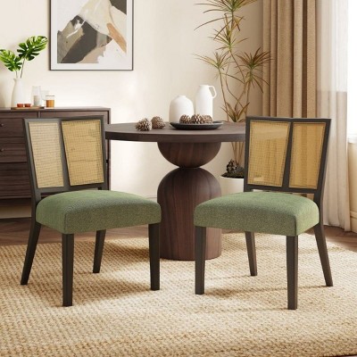 Set of 2 Dining Chairs with Rattan Back,Mid Century Armless Chair with Rubberwood Frame,Modern Farmhouse Upholstered Dining Chair-Koiai