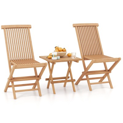 Tangkula Wooden Folding Slatted Set with 2 Dining Chairs Square Table Natural Indonesia Teak Wood Patio Chairs Table Set