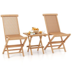 Tangkula Wooden Folding Slatted Set with 2 Dining Chairs Square Table Natural Indonesia Teak Wood Patio Chairs Table Set - 1 of 4