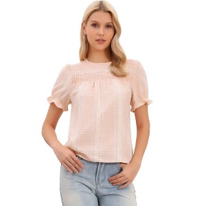 INSPIRE CHIC Women's Gingham Peplum Smocked Short Puff Sleeve Crew Neck Summer Cute Blouses - 1 of 4