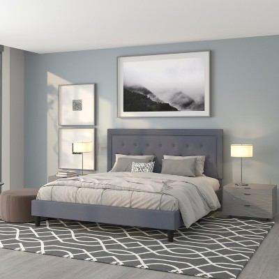 Modern King-Sized Light Gray Tufted Upholstered Platform Bed with Wooden Slats