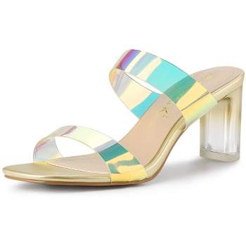 Allegra K Women's Colorful Straps Clear Chunky High Heels Slides Sandals