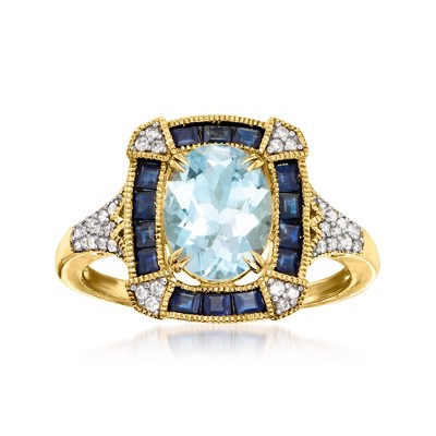 Ross-Simons 1.50 Carat Aquamarine and .70 ct. t.w. Sapphire Ring With .12 ct. t.w. Diamonds in 14kt Yellow Gold