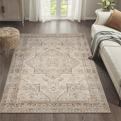 Cream and Brown Medallion Washable Synthetic Area Rug 5'3" x 7'7"