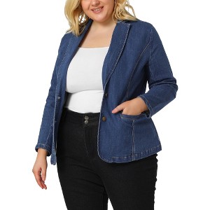 Agnes Orinda Women's Plus Size Denim Notched Lapel Color Block Stretch Blazers - 1 of 4