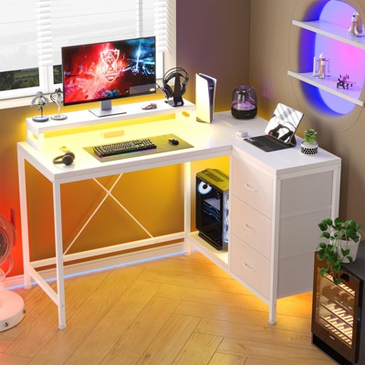 L Shaped Gaming Desk with 4 Tier Drawers, L Shaped Desk with Power Outlets and Led Lights, Home Office Desk with Monitor Stand
