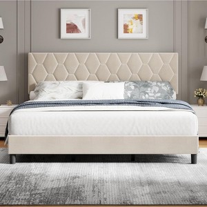 coucheta Platform Bed Frame with Upholstered Headboard and Wooden Slats Support, Upholstered Mattress Foundation - 1 of 4