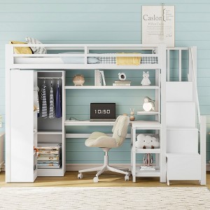 Whisen Twin Size Metal Loft Bed with Desk, USB Ports, 5-Layer Shelf, Wardrobe and Stepped Stairs - White - 1 of 4