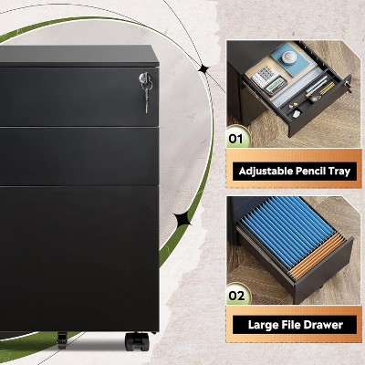 Black Metal 3-Drawer Lockable Mobile File Cabinet